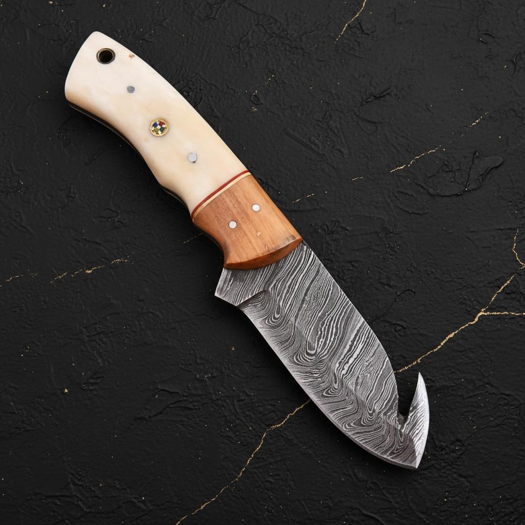Damascus Steel Gut Hook Skinner Knife 9" Hand Forged with Bone Handle and Sheath - 2