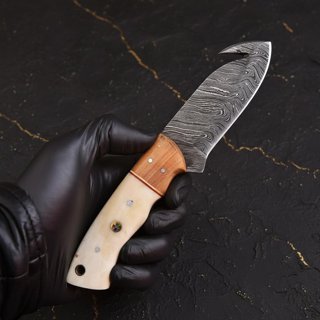 Damascus Steel Gut Hook Skinner Knife 9" Hand Forged with Bone Handle and Sheath - 3