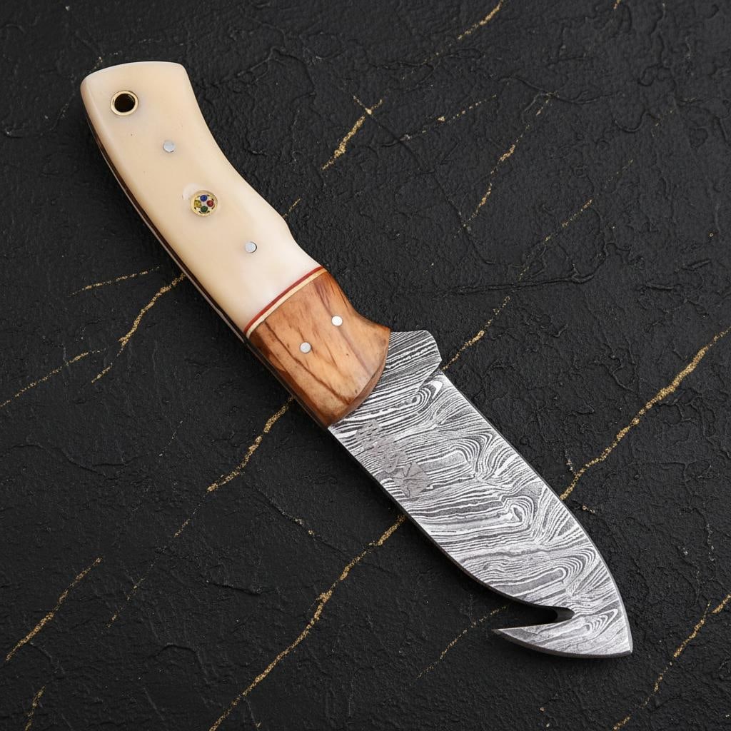 Damascus Steel Gut Hook Skinner Knife 9" Hand Forged with Bone Handle and Sheath - 5