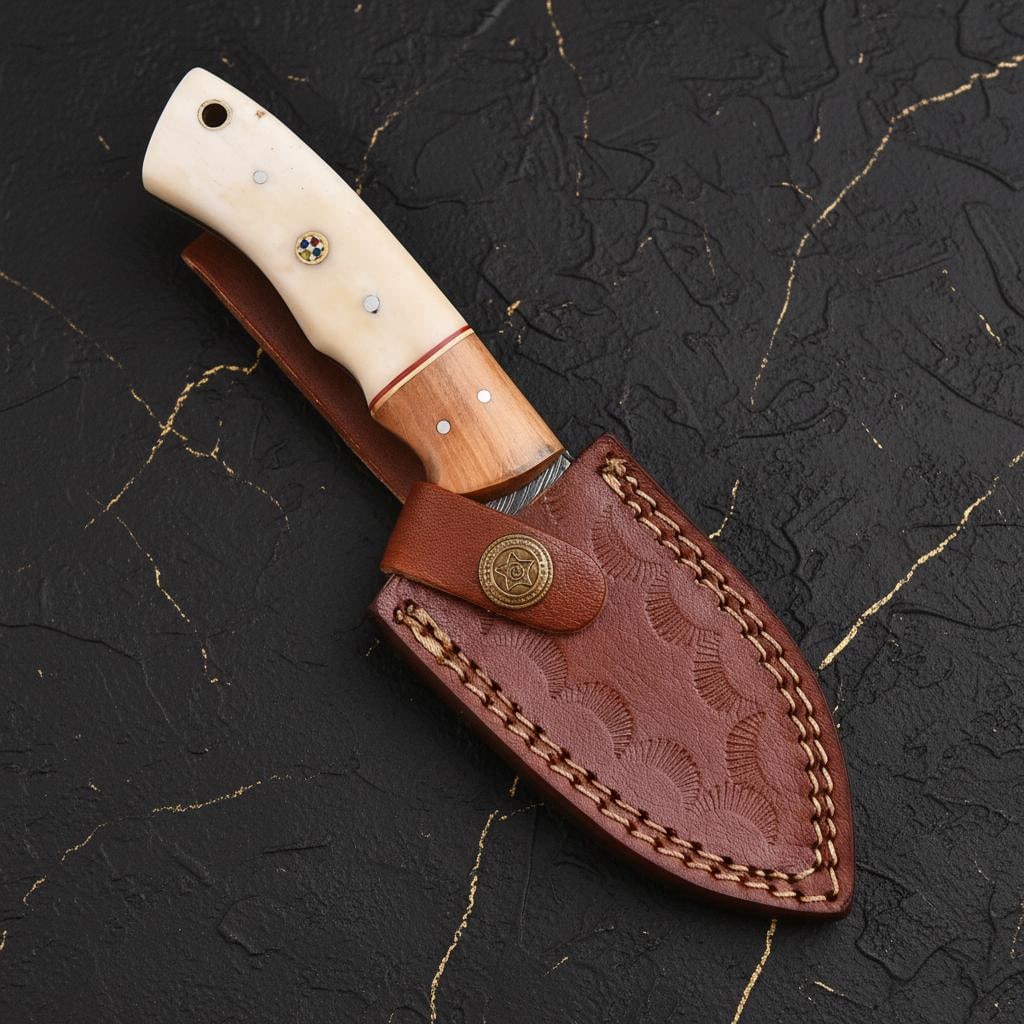 Damascus Steel Gut Hook Skinner Knife 9" Hand Forged with Bone Handle and Sheath - 6