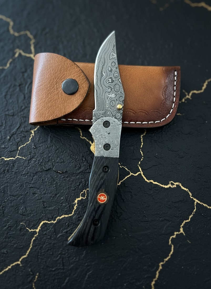 Handmade Damascus Steel Folding Knife, Micarta Handle, Premium Sheath Case - 3