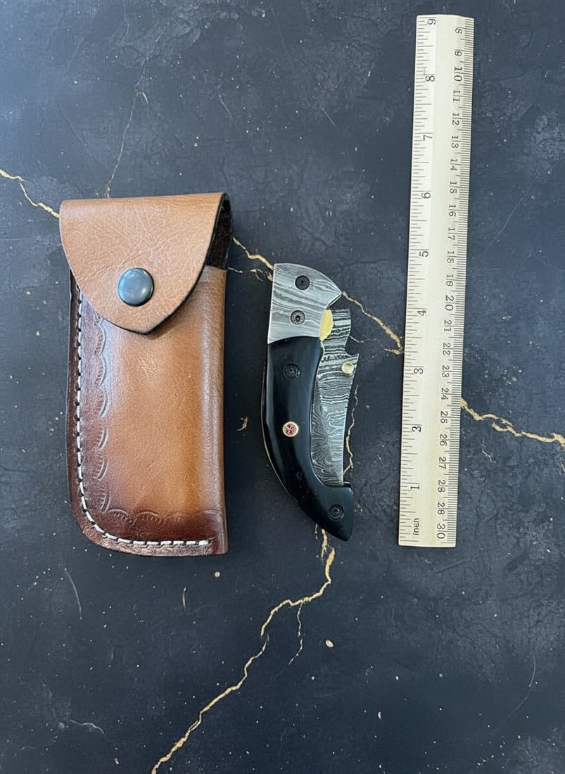 Handmade Damascus Steel Folding Knife, Micarta Handle, Premium Sheath Case - 5
