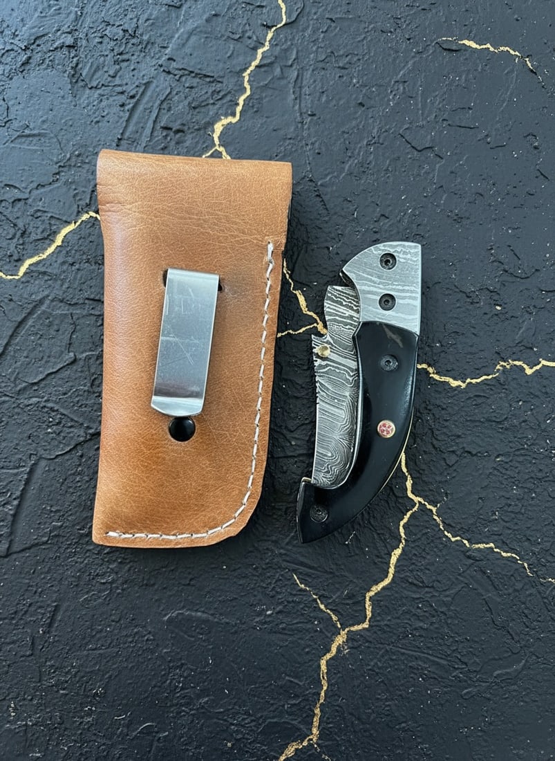 Handmade Damascus Steel Folding Knife, Micarta Handle, Premium Sheath Case - 6