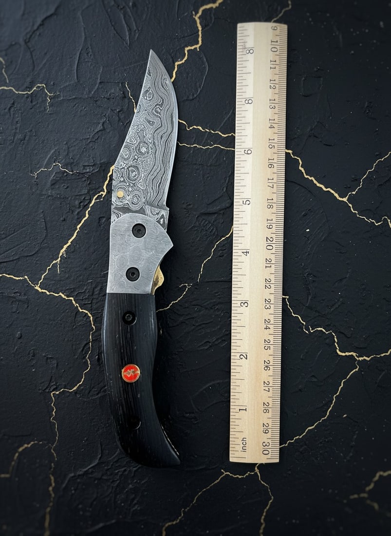 Handmade Damascus Steel Folding Knife, Micarta Handle, Premium Sheath Case - 8