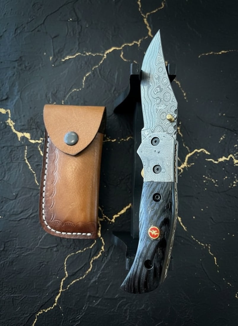 Handmade Damascus Steel Folding Knife, Micarta Handle, Premium Sheath Case - 9