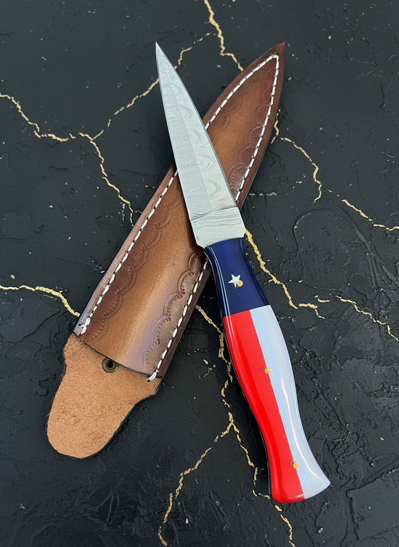 Handcrafted Damascus Steel Boot Dagger Texas Flag Handle w/ Leather Sheath (1 of 4)