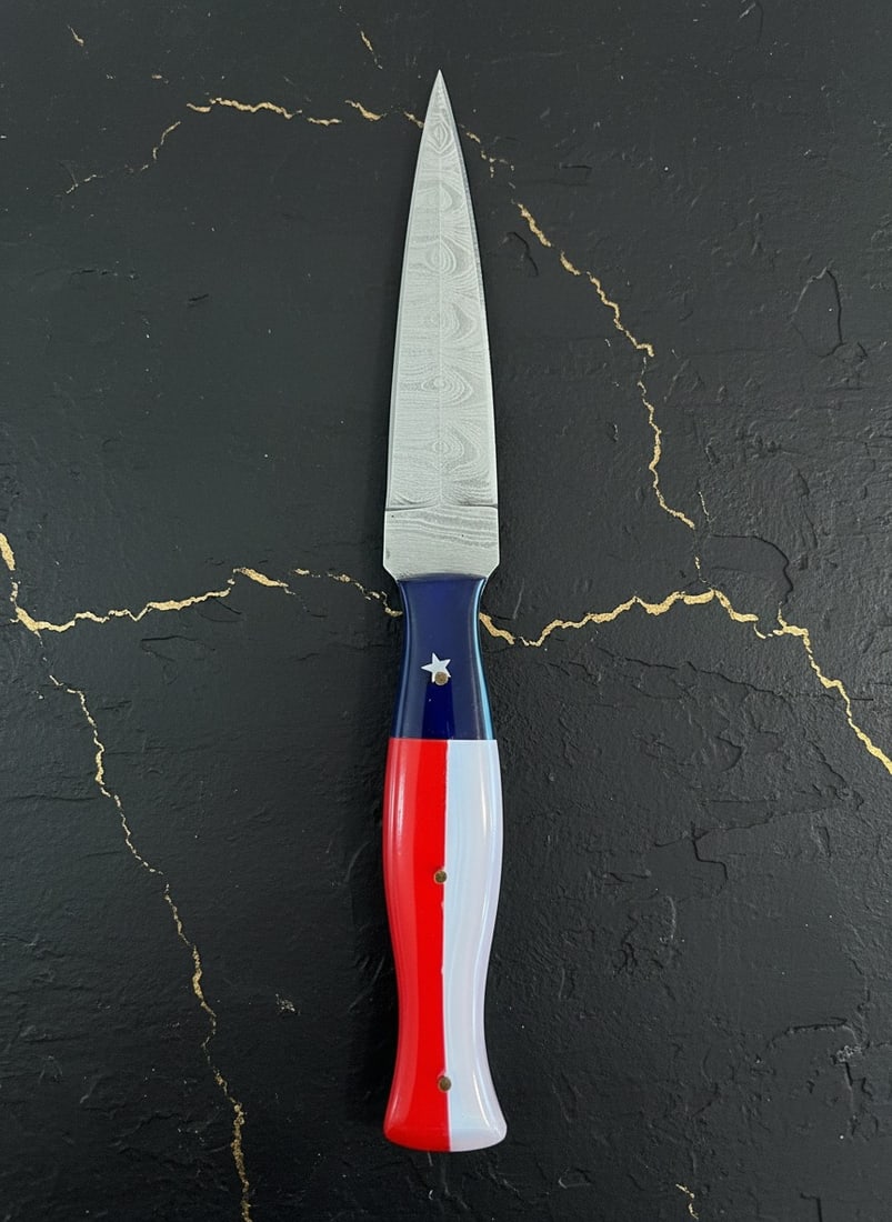Handcrafted Damascus Steel Boot Dagger Texas Flag Handle w/ Leather Sheath - 2