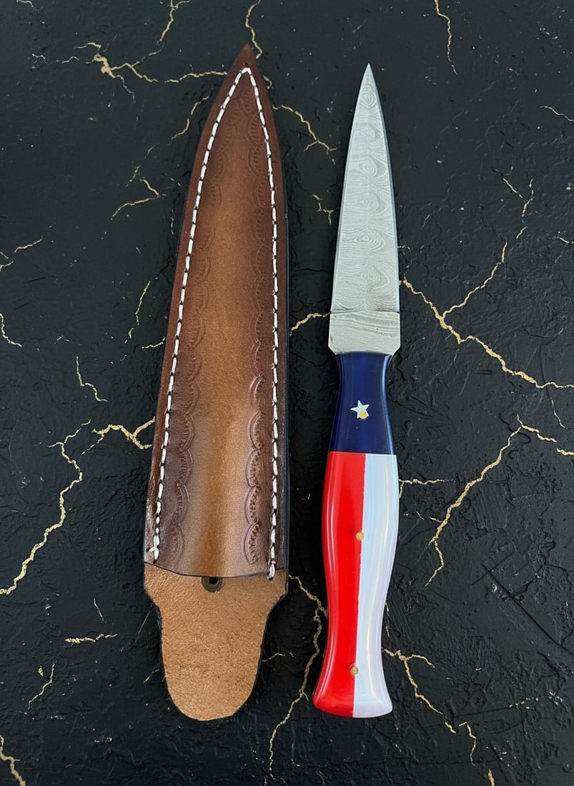Handcrafted Damascus Steel Boot Dagger Texas Flag Handle w/ Leather Sheath - 3