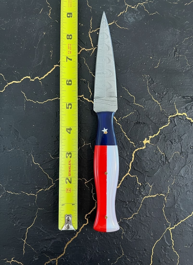 Handcrafted Damascus Steel Boot Dagger Texas Flag Handle w/ Leather Sheath - 4