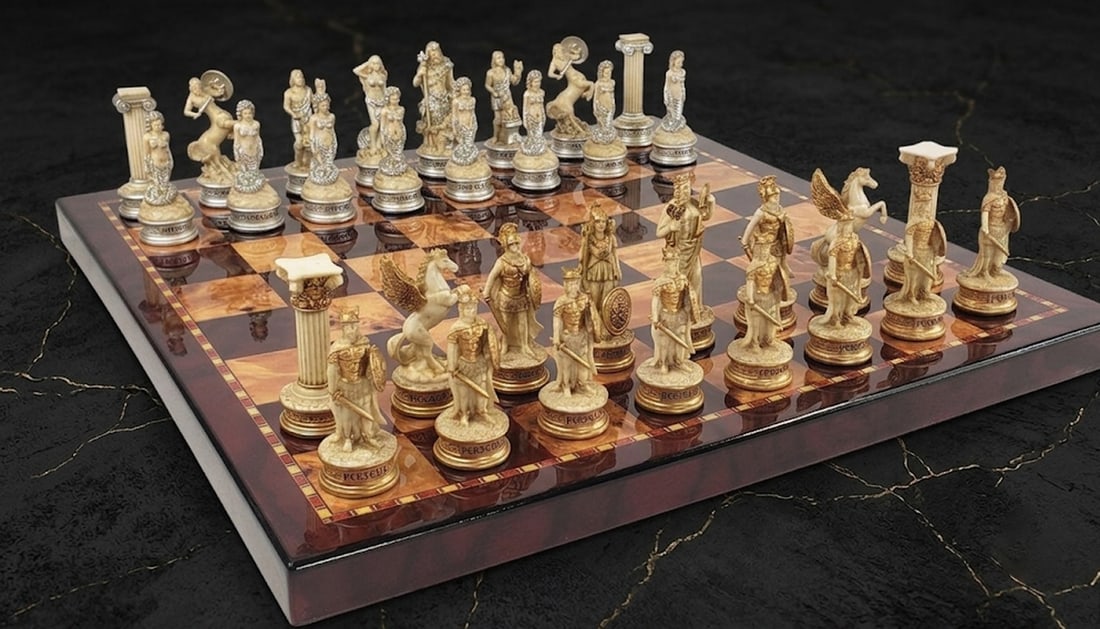 Mythological Olympian Chess Set Antique White Figures 18in Cherry Board (1 of 8)