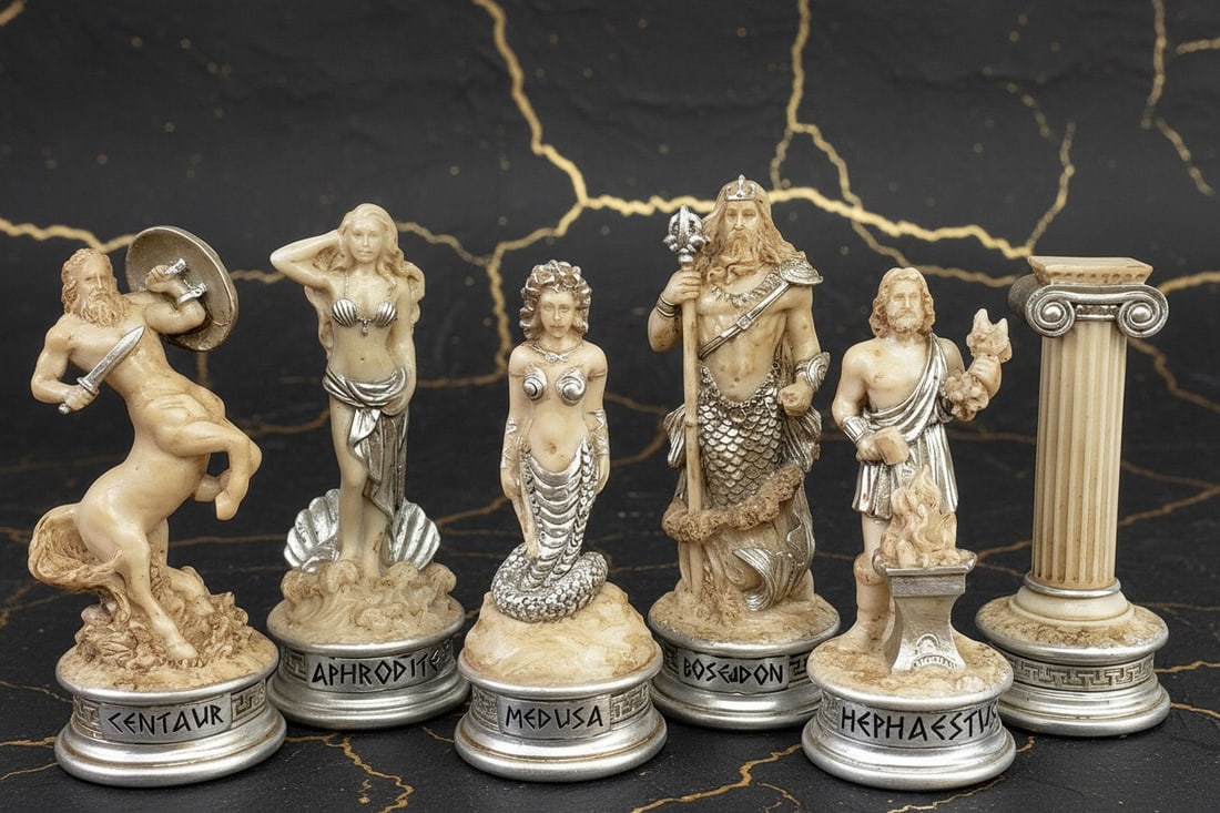 Mythological Olympian Chess Set Antique White Figures 18in Cherry Board - 2