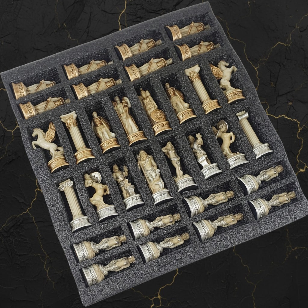 Mythological Olympian Chess Set Antique White Figures 18in Cherry Board - 4