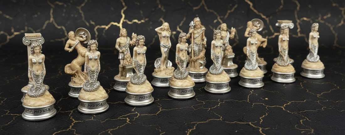 Mythological Olympian Chess Set Antique White Figures 18in Cherry Board - 6
