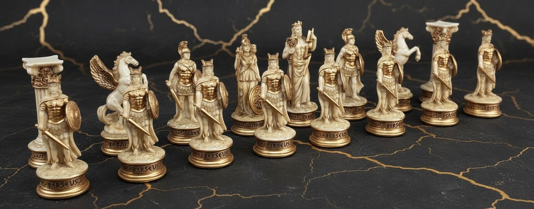 Mythological Olympian Chess Set Antique White Figures 18in Cherry Board - 7