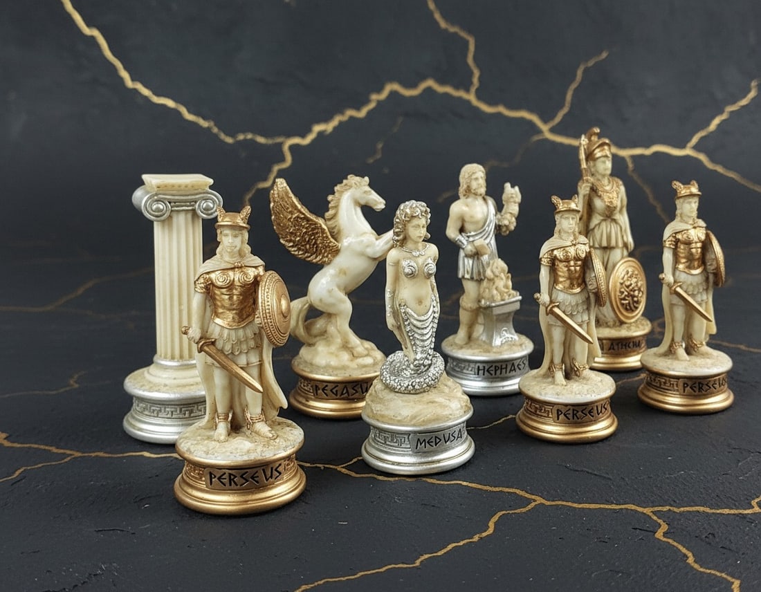 Mythological Olympian Chess Set Antique White Figures 18in Cherry Board - 8