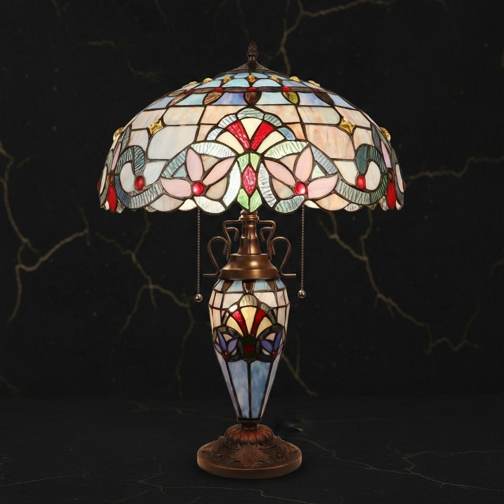 25" Art Deco Stained Glass Table Lamp with Illuminated Base Vintage Style (1 of 7)