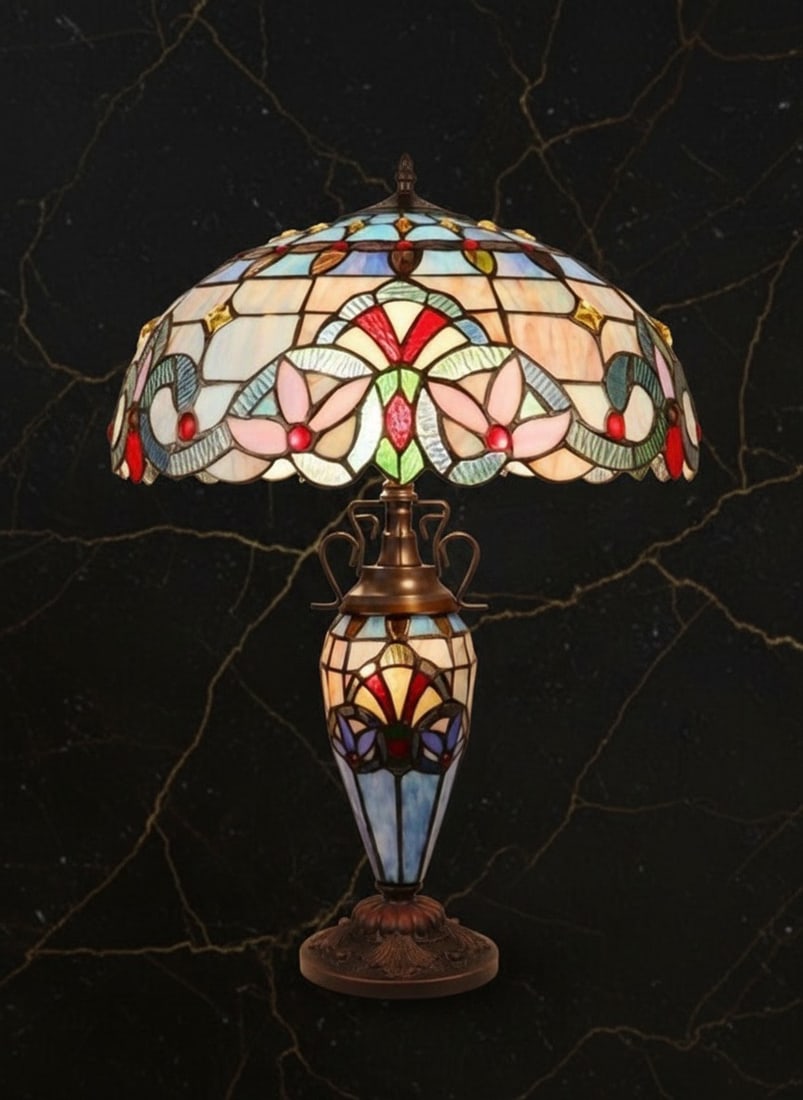 25" Art Deco Stained Glass Table Lamp with Illuminated Base Vintage Style - 3