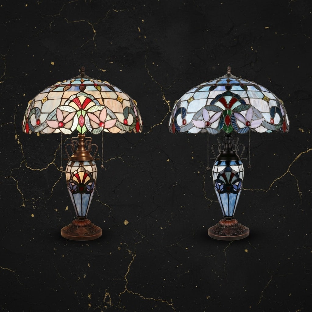 25" Art Deco Stained Glass Table Lamp with Illuminated Base Vintage Style - 4