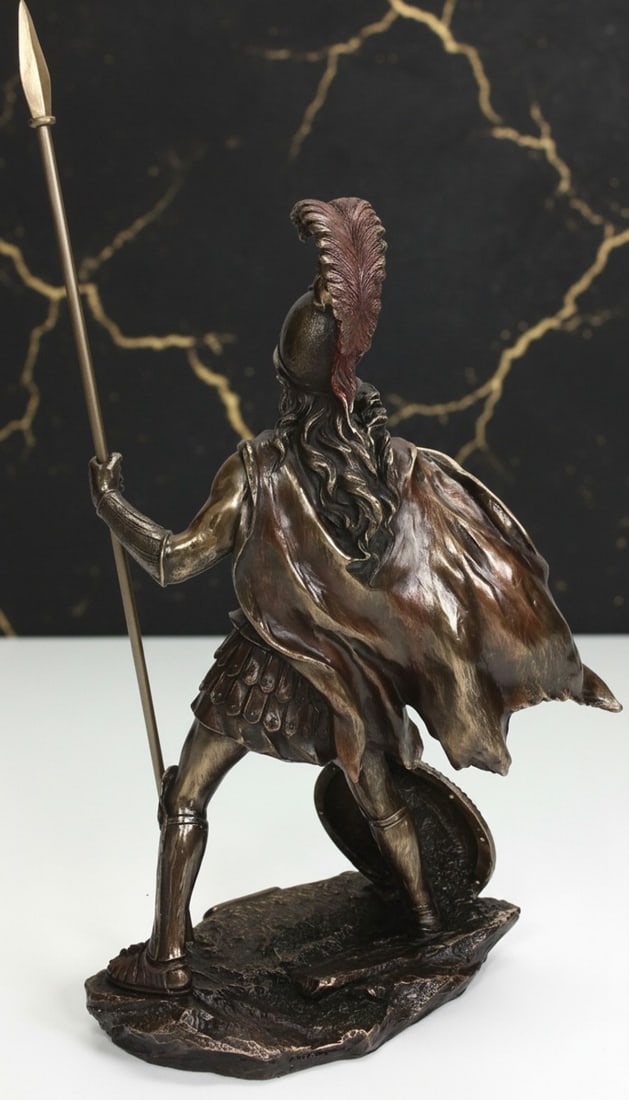 13" Roman War Deity Figurine Greek Myth Spear Sword Statue Bronze Tone - 2