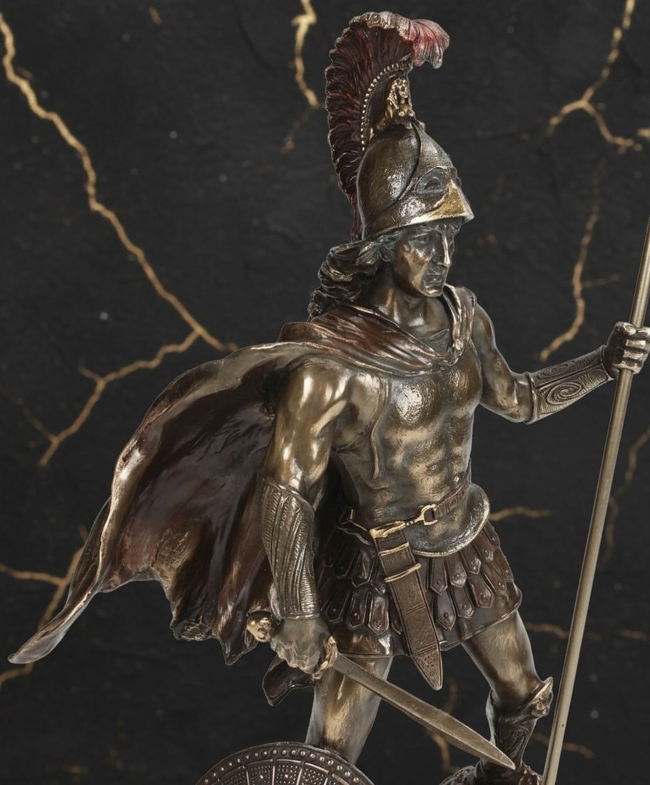 13" Roman War Deity Figurine Greek Myth Spear Sword Statue Bronze Tone - 3