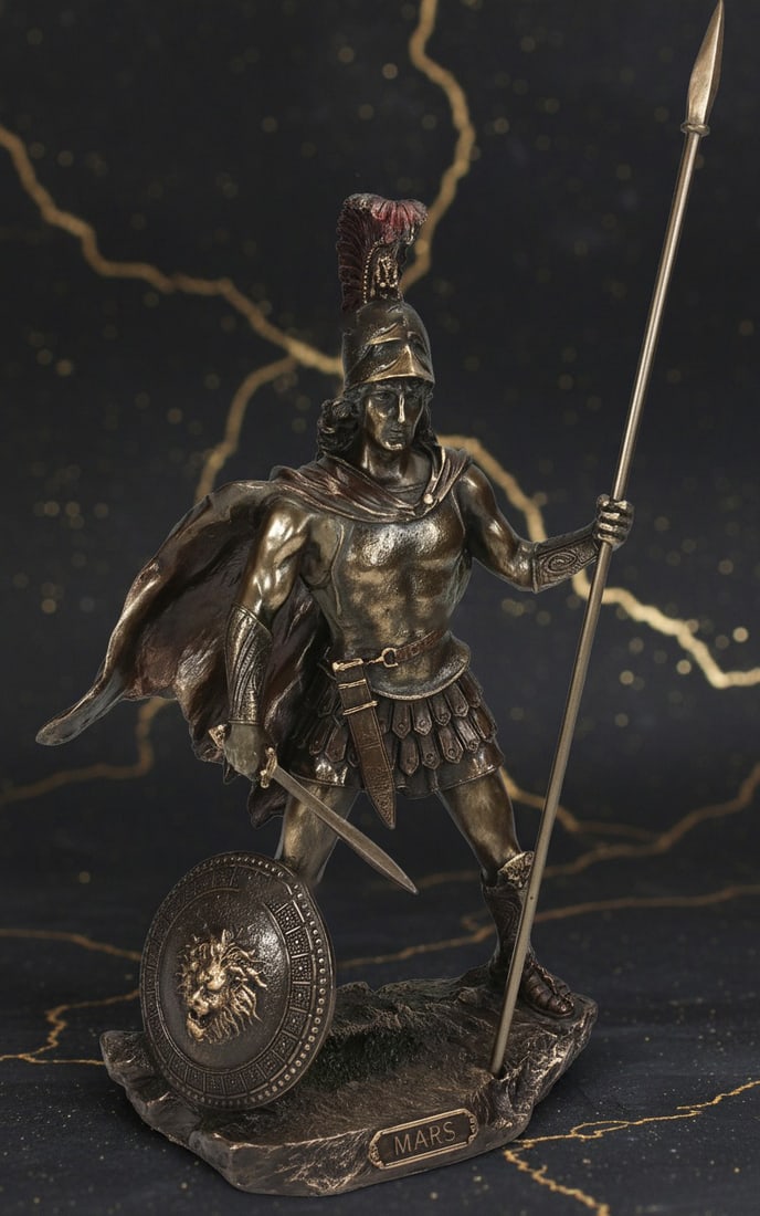13" Roman War Deity Figurine Greek Myth Spear Sword Statue Bronze Tone - 4