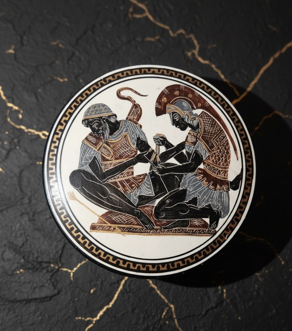 Antique Hand-Painted Greek Ceramic Lidded Bowl Achilles Patroclus Scene - 13