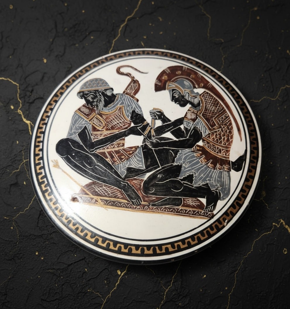 Antique Hand-Painted Greek Ceramic Lidded Bowl Achilles Patroclus Scene - 15