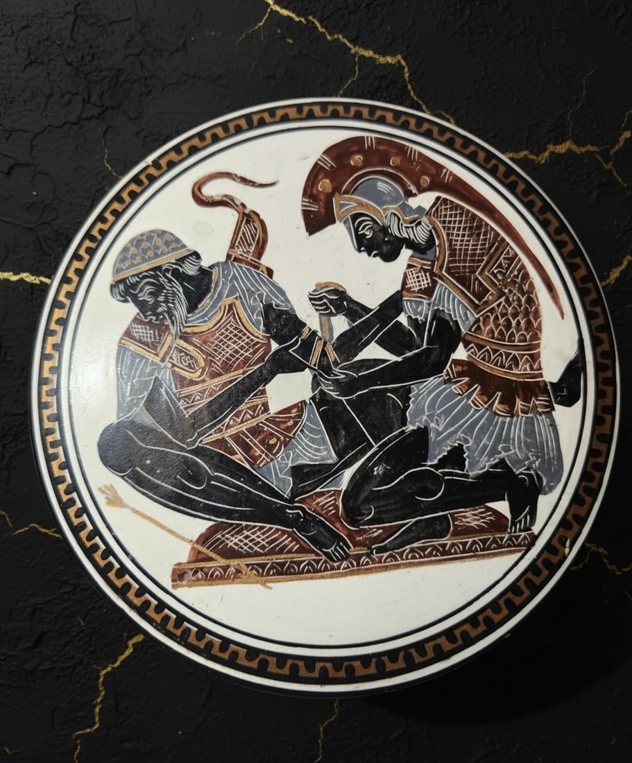 Antique Hand-Painted Greek Ceramic Lidded Bowl Achilles Patroclus Scene - 2