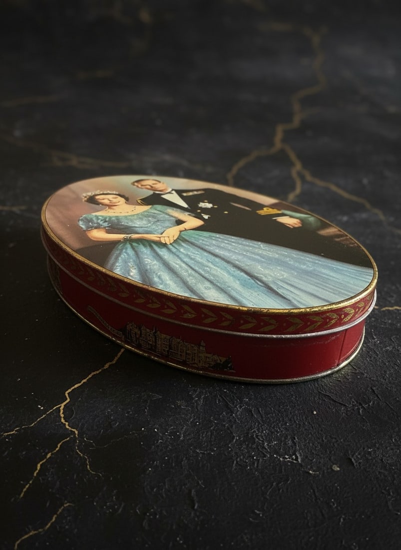 1953 Royal Coronation Biscuit Tin, Queen Elizabeth and Prince Philip Decor - 3