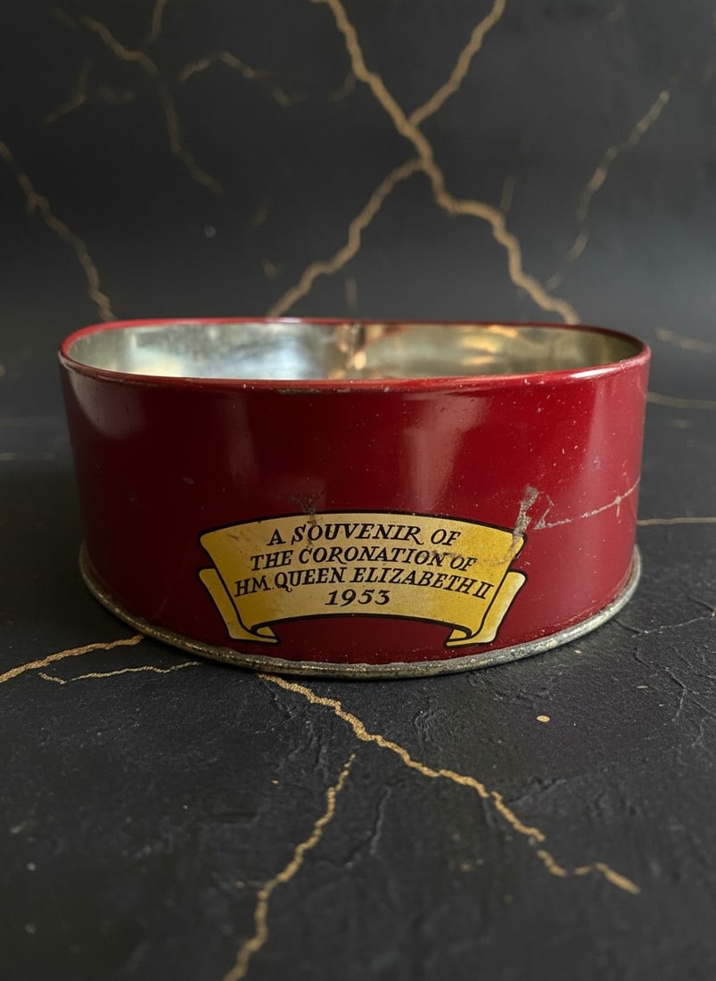 1953 Royal Coronation Biscuit Tin, Queen Elizabeth and Prince Philip Decor - 4