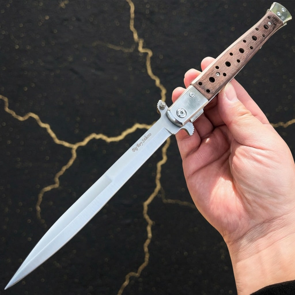 13" Large Folding Knife Brown Wood Handle Spring Assisted Pocket Tool (1 of 5)
