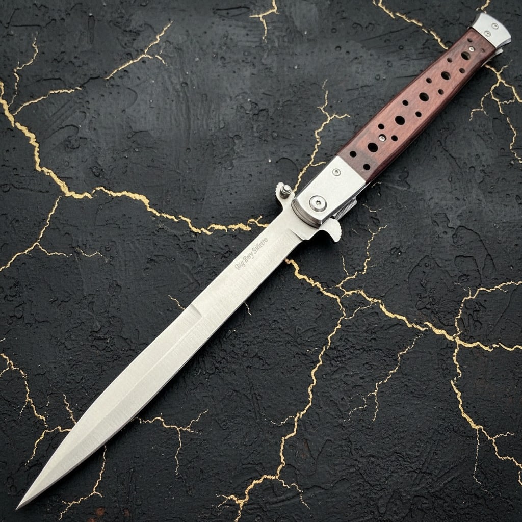 13" Large Folding Knife Brown Wood Handle Spring Assisted Pocket Tool - 2