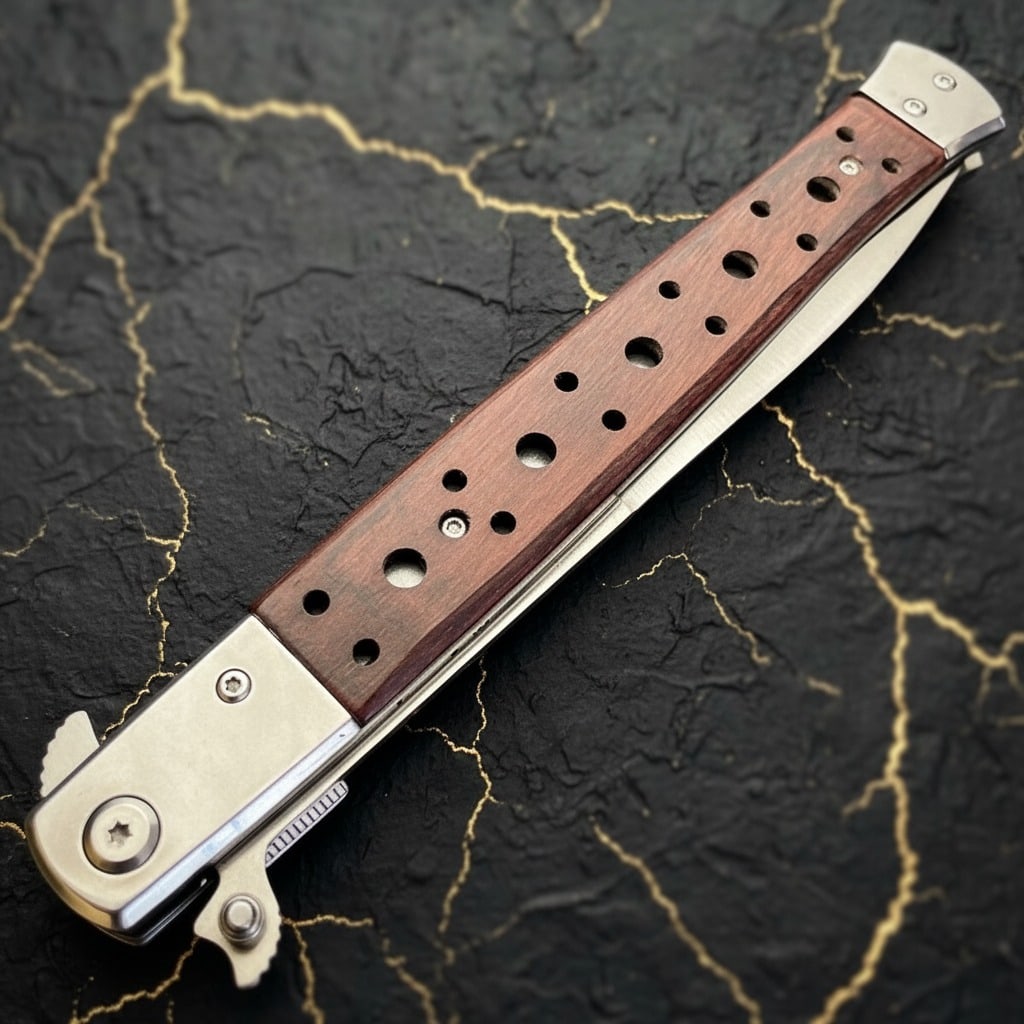 13" Large Folding Knife Brown Wood Handle Spring Assisted Pocket Tool - 4