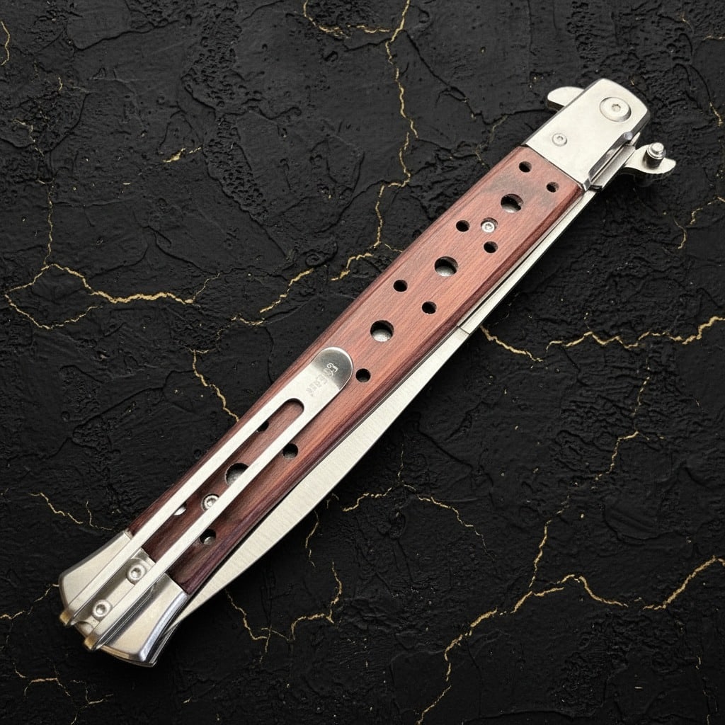 13" Large Folding Knife Brown Wood Handle Spring Assisted Pocket Tool - 5