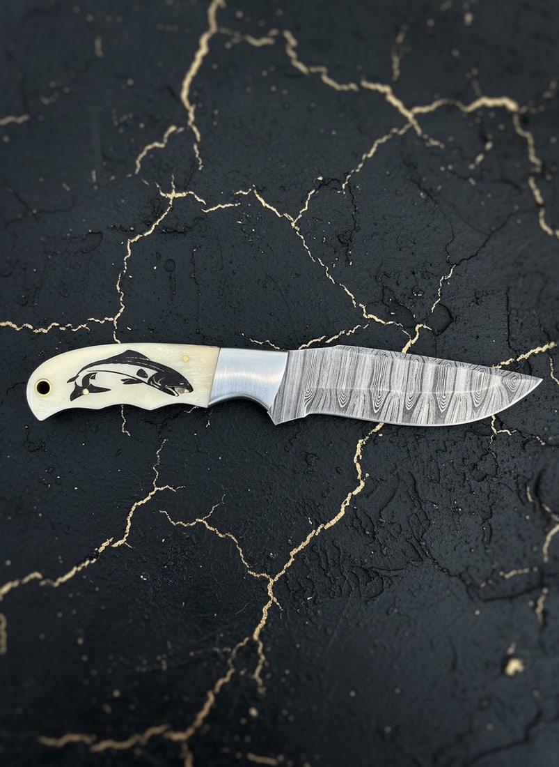 8.5" Custom Damascus Steel Fishing Knife Bone Handle with Leather Sheath - 2