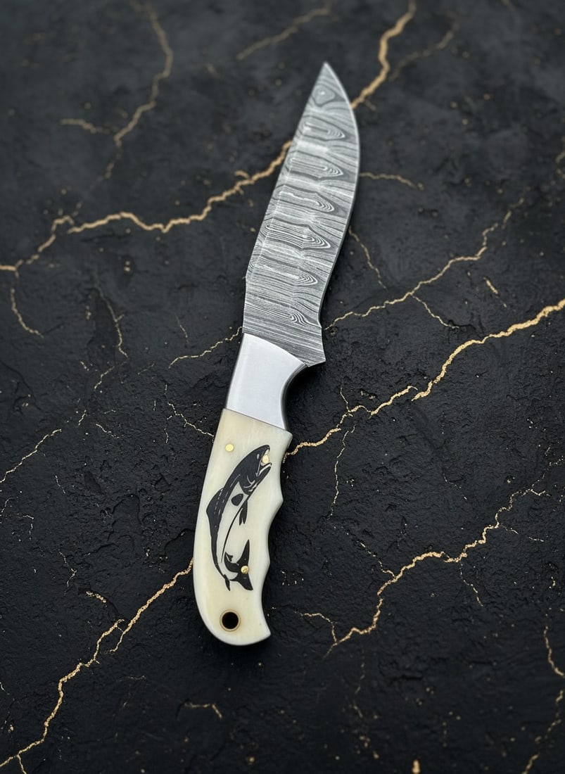 8.5" Custom Damascus Steel Fishing Knife Bone Handle with Leather Sheath - 3