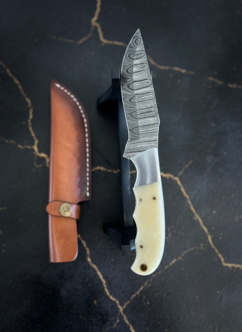 8.5" Custom Damascus Steel Fishing Knife Bone Handle with Leather Sheath - 4