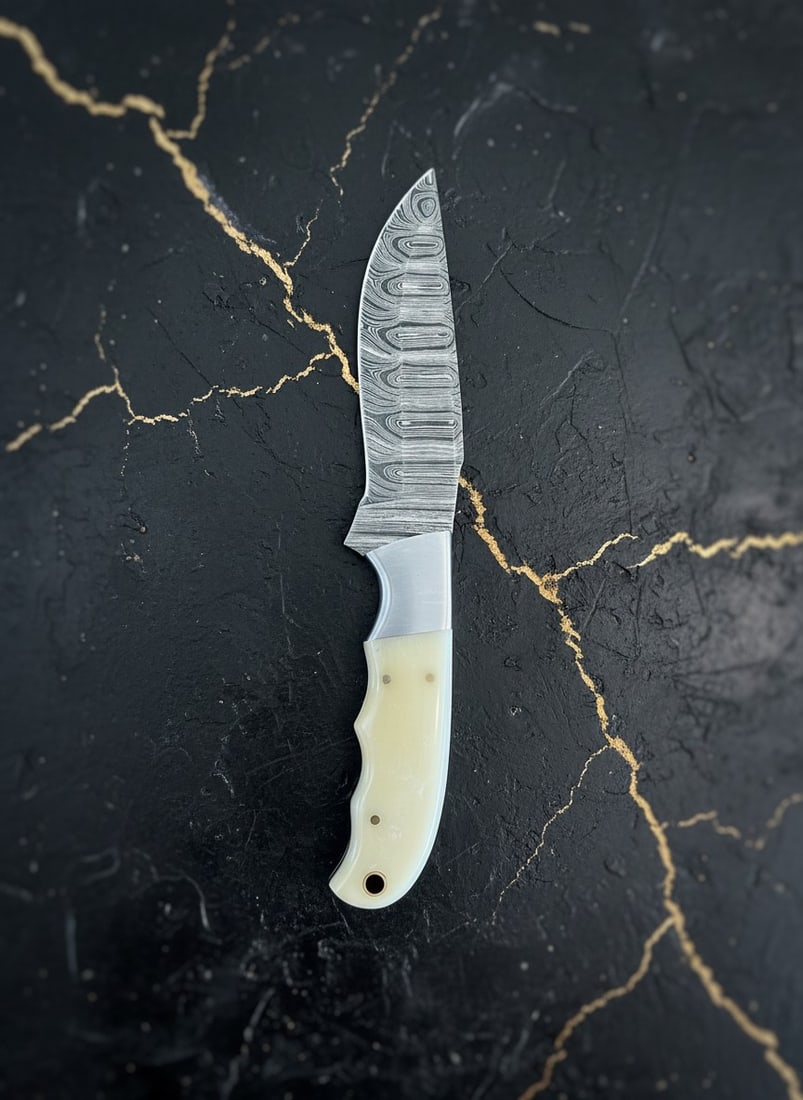8.5" Custom Damascus Steel Fishing Knife Bone Handle with Leather Sheath - 5