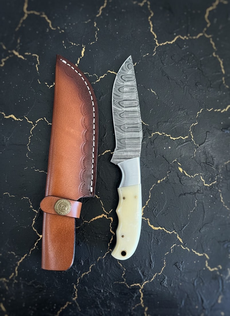 8.5" Custom Damascus Steel Fishing Knife Bone Handle with Leather Sheath - 6
