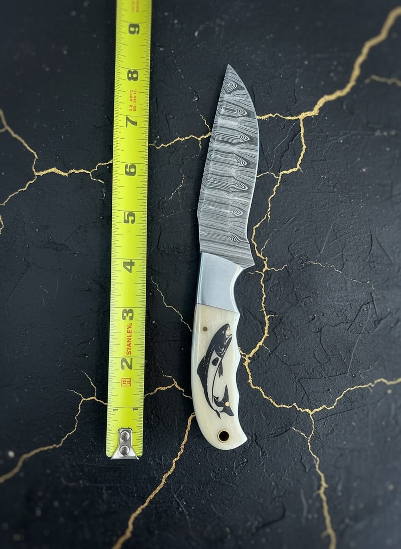 8.5" Custom Damascus Steel Fishing Knife Bone Handle with Leather Sheath - 7