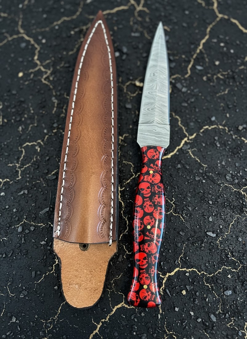 Hand-Forged Damascus Steel Boot Dagger Skull Handle Knife Leather Sheath - 2