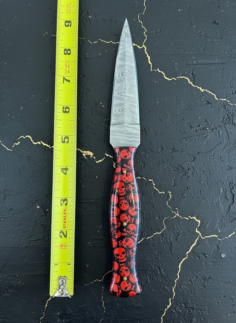 Hand-Forged Damascus Steel Boot Dagger Skull Handle Knife Leather Sheath - 3