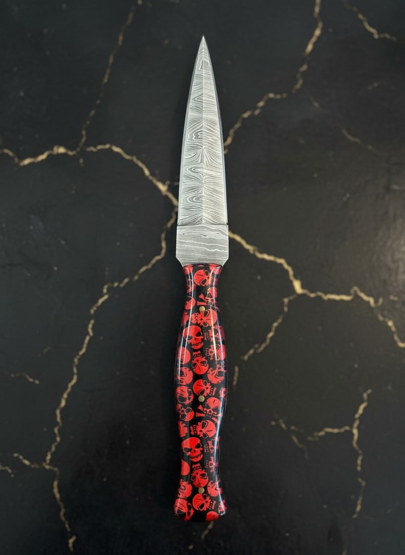 Hand-Forged Damascus Steel Boot Dagger Skull Handle Knife Leather Sheath - 4