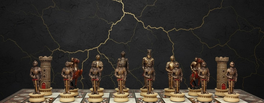 Metallic Crusader Knight Chess Set With 17 Inch Mosaic Game Board - 6