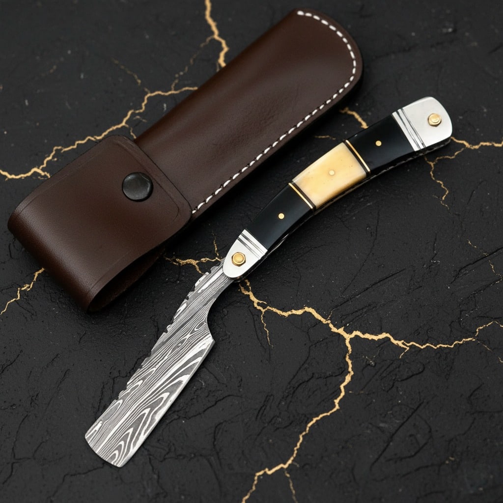 Hand-Forged Damascus Straight Razor Men’s Shaving Blade with Leather Case - 2