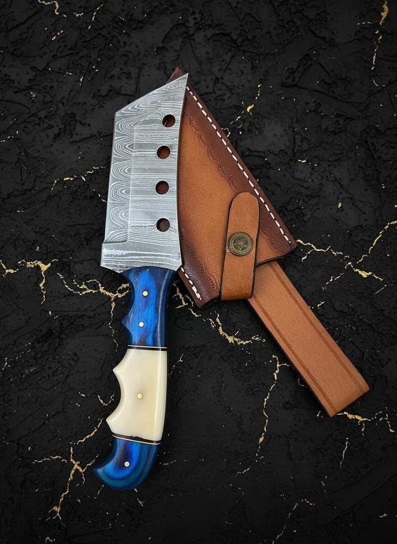 Hand-Forged Damascus Steel Tanto Cleaver Knife with Leather Sheath 9.5" (1 of 4)