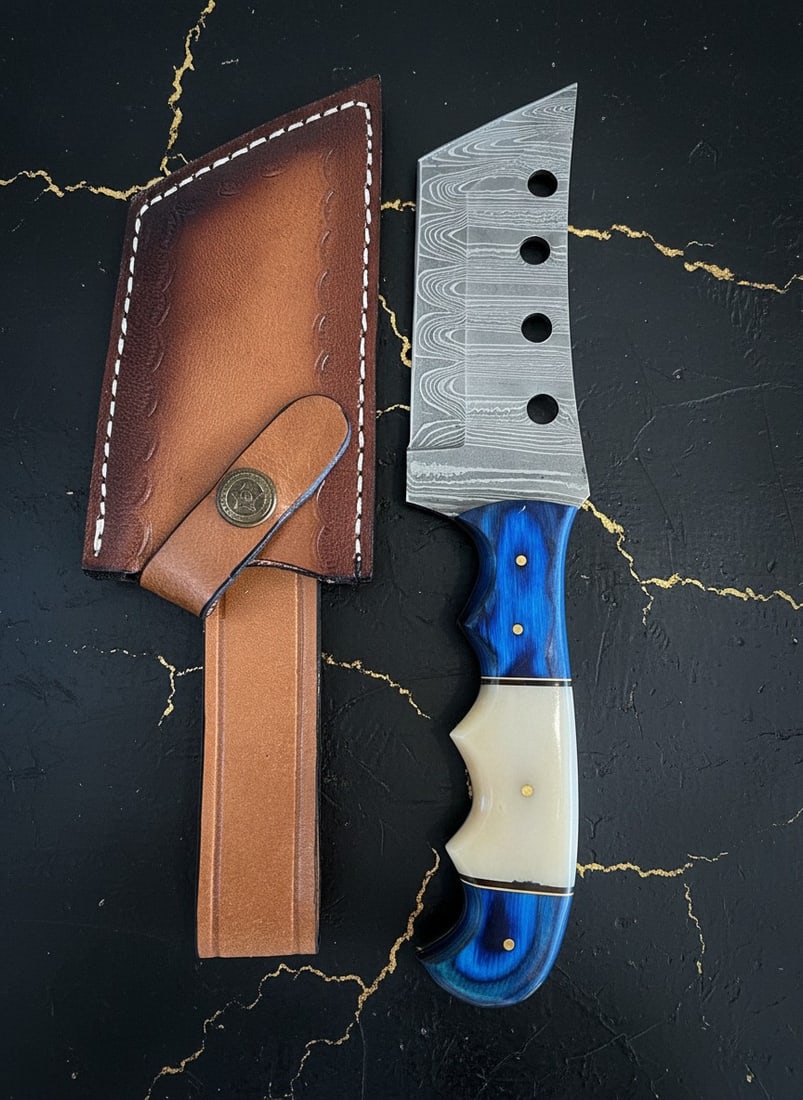 Hand-Forged Damascus Steel Tanto Cleaver Knife with Leather Sheath 9.5" - 2