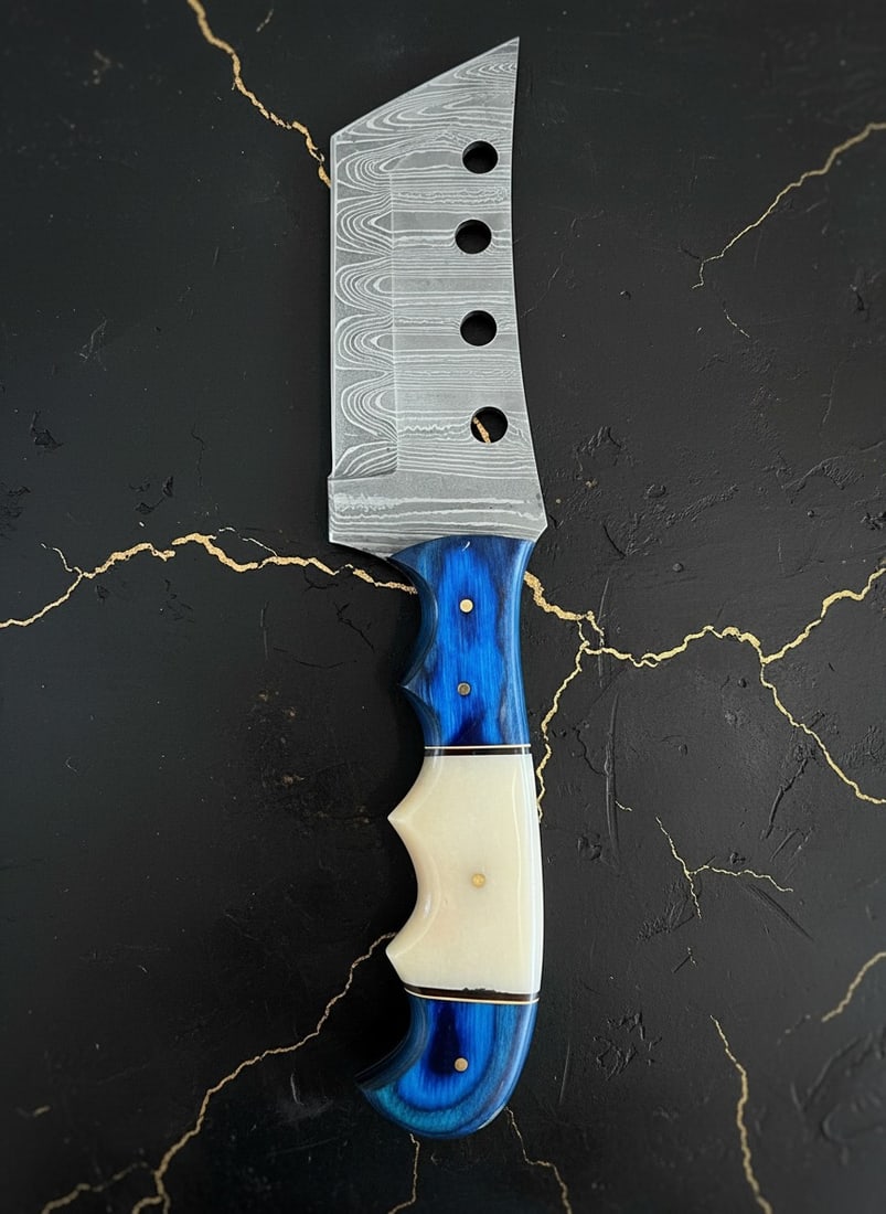 Hand-Forged Damascus Steel Tanto Cleaver Knife with Leather Sheath 9.5" - 3
