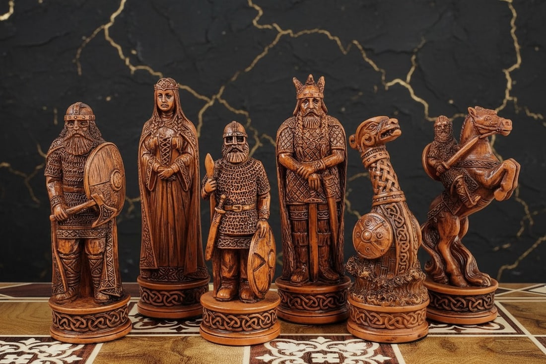 Hand-Carved Norse Viking Themed Chess Pieces 3.25" King Set No Board - 3