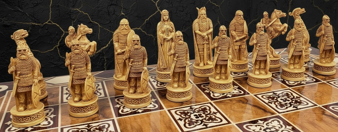 Hand-Carved Norse Viking Themed Chess Pieces 3.25" King Set No Board - 4